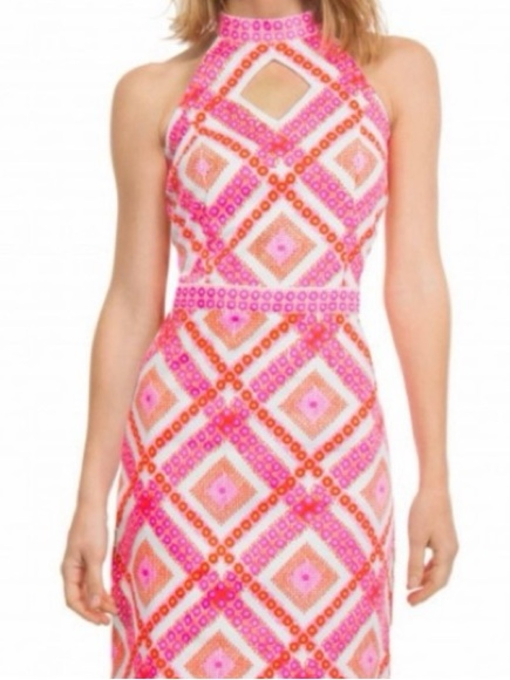 Gretchen Scott pink & orange geometric diamond print cut-out halter dress